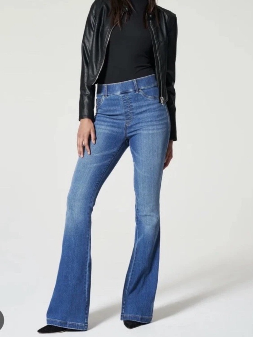 Spanx Flare Jeans High Rise Pull On Stretch Denim Medium Wash Blue Pants